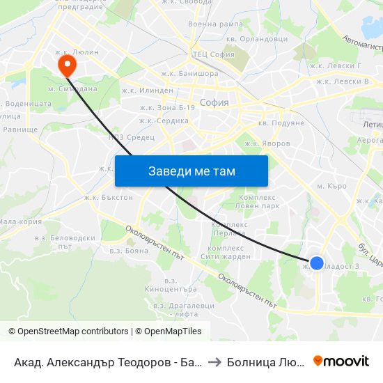 Акад. Александър Теодоров - Балан / Akademik Aleksandar Teodorov - Balan to Болница  Люлин  (Lyulin Hospital) map