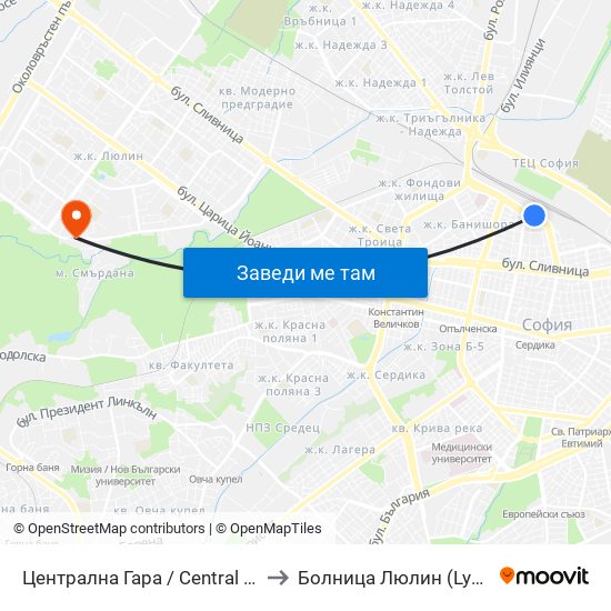 Централна Гара / Central Railway Station to Болница  Люлин  (Lyulin Hospital) map