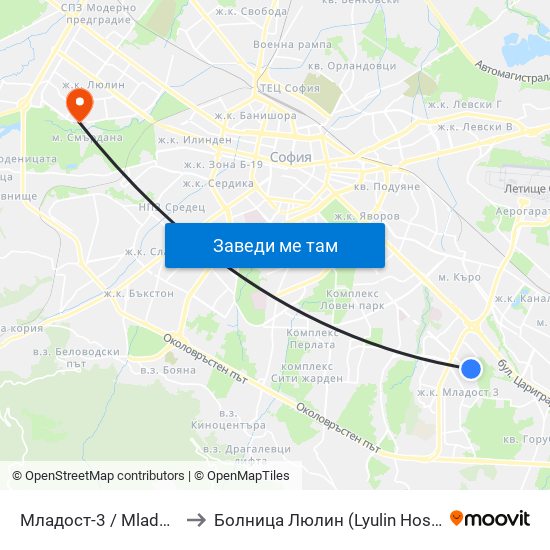 Младост-3 / Mladost 3 to Болница  Люлин  (Lyulin Hospital) map