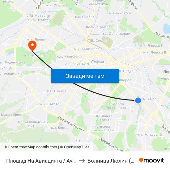 Площад На Авиацията / Aviation Square (1257) to Болница  Люлин  (Lyulin Hospital) map