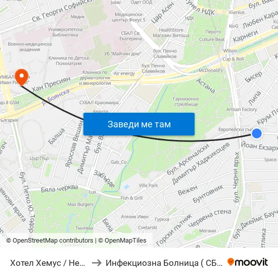Ⓜ️ Хотел Хемус / Hemus Hotel (2329) to Инфекциозна Болница ( СБАЛИПБ проф. И. Киров) map
