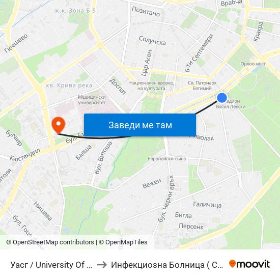 Уасг / University Of Architecture (0387) to Инфекциозна Болница ( СБАЛИПБ проф. И. Киров) map