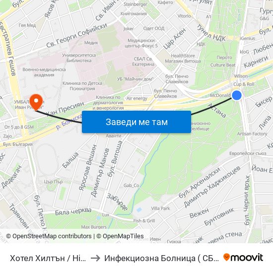 Хотел Хилтън / Hilton Hotel (0397) to Инфекциозна Болница ( СБАЛИПБ проф. И. Киров) map