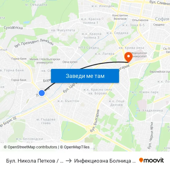 Бул. Никола Петков / Nikola Petkov Blvd. (0350) to Инфекциозна Болница ( СБАЛИПБ проф. И. Киров) map