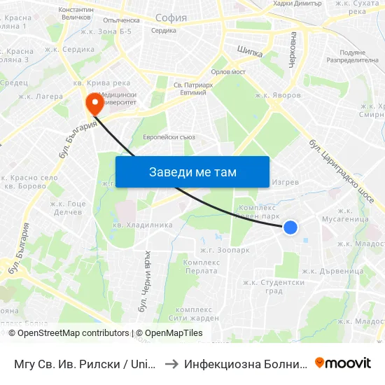 🎓 Минно-Геоложки Университет / University Of Mining And Geology (1033) to Инфекциозна Болница ( СБАЛИПБ проф. И. Киров) map