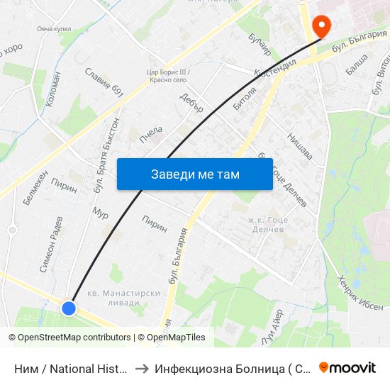 Ним / National History Museum (1464) to Инфекциозна Болница ( СБАЛИПБ проф. И. Киров) map