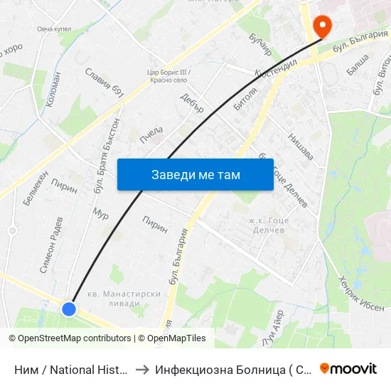 🎨 Ним / National History Museum (1464) to Инфекциозна Болница ( СБАЛИПБ проф. И. Киров) map