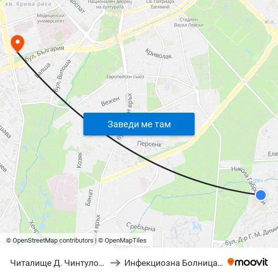 📚 Читалище Д. Чинтулов / D. Chintulov Library (2366) to Инфекциозна Болница ( СБАЛИПБ проф. И. Киров) map