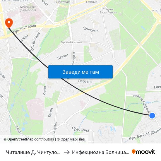 Читалище Д. Чинтулов / D. Chintulov Library (2365) to Инфекциозна Болница ( СБАЛИПБ проф. И. Киров) map