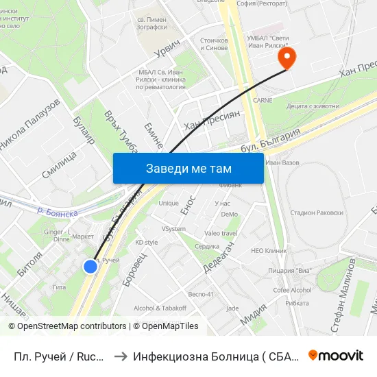 Пл. Ручей / Ruchey Sq. (1306) to Инфекциозна Болница ( СБАЛИПБ проф. И. Киров) map