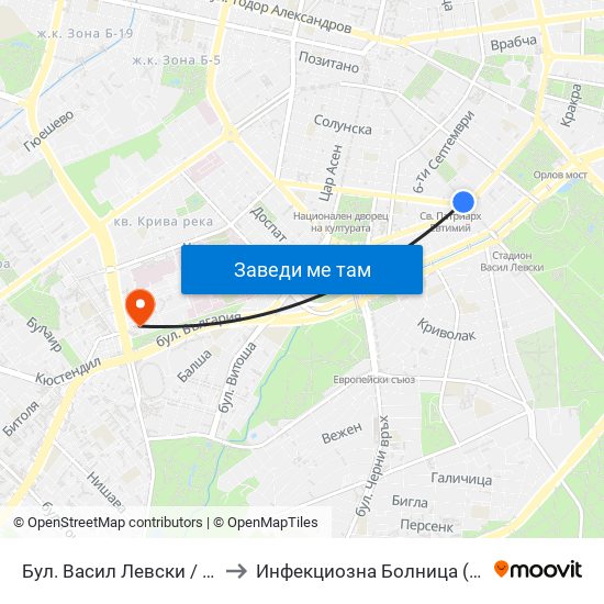 Бул. Васил Левски / Vasil Levski Blvd. (0299) to Инфекциозна Болница ( СБАЛИПБ проф. И. Киров) map