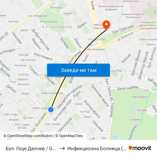 Бул. Гоце Делчев / Gotse Delchev Blvd. (0314) to Инфекциозна Болница ( СБАЛИПБ проф. И. Киров) map