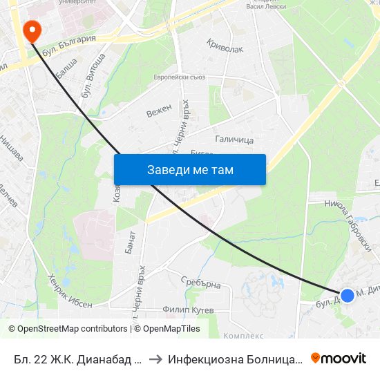 Бл. 22 Ж.К. Дианабад / Bl. 22, Dianabad Qr. (0124) to Инфекциозна Болница ( СБАЛИПБ проф. И. Киров) map