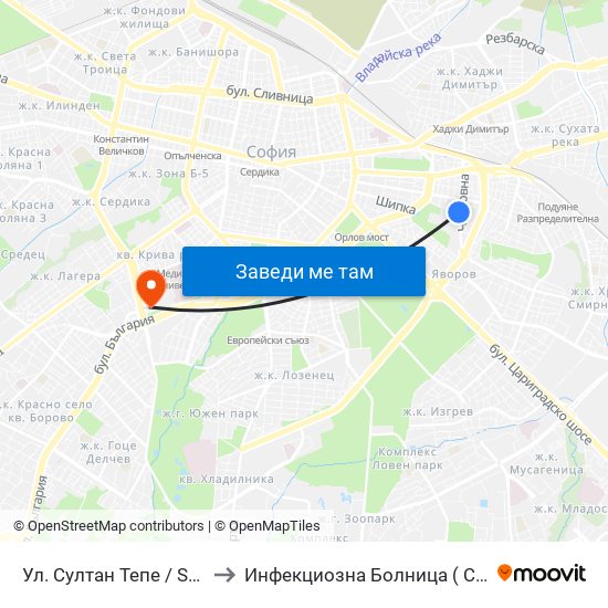 Ул. Султан Тепе / Sultan Tepe St. (2194) to Инфекциозна Болница ( СБАЛИПБ проф. И. Киров) map