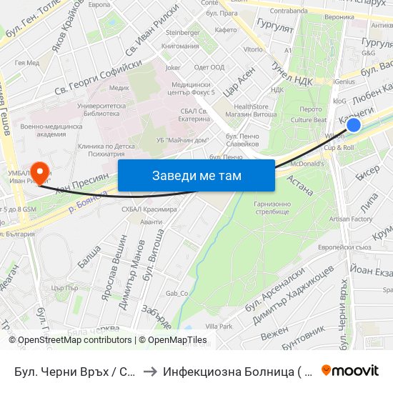 Бул. Черни Връх / Cherni Vrah Blvd. (0401) to Инфекциозна Болница ( СБАЛИПБ проф. И. Киров) map