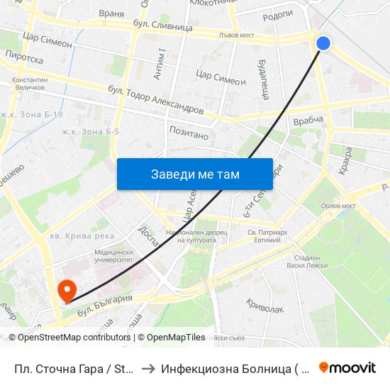 Пл. Сточна Гара / Stochna Gara Sq. (1316) to Инфекциозна Болница ( СБАЛИПБ проф. И. Киров) map