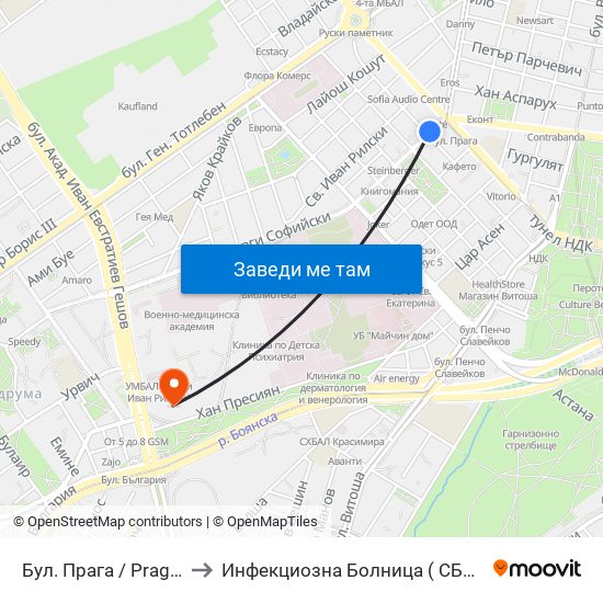 Бул. Прага / Prague Blvd. (0366) to Инфекциозна Болница ( СБАЛИПБ проф. И. Киров) map