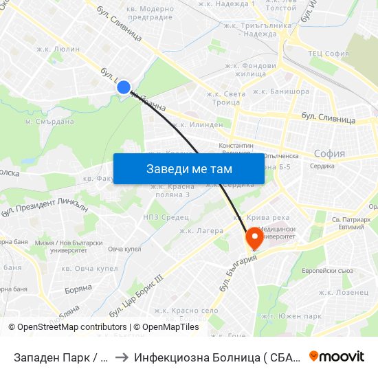 Западен Парк / Zapaden Park to Инфекциозна Болница ( СБАЛИПБ проф. И. Киров) map