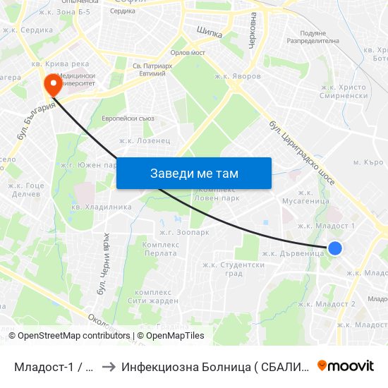 Младост-1 / Mladost 1 to Инфекциозна Болница ( СБАЛИПБ проф. И. Киров) map