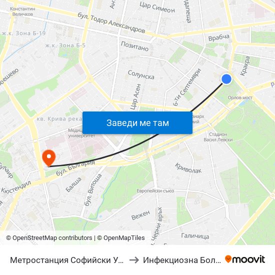 Метростанция Софийски Университет / Sofia University Metro Station (2827) to Инфекциозна Болница ( СБАЛИПБ проф. И. Киров) map