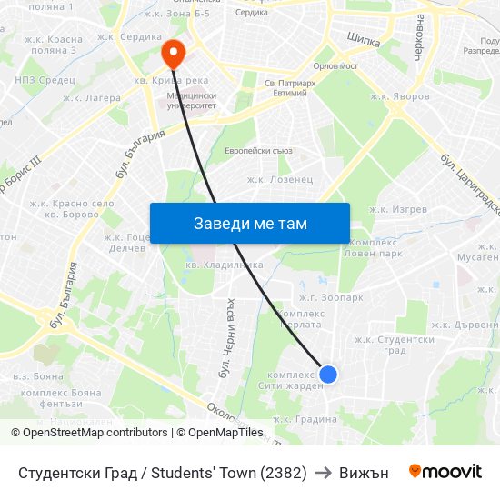 Студентски Град / Students' Town (2382) to Вижън map