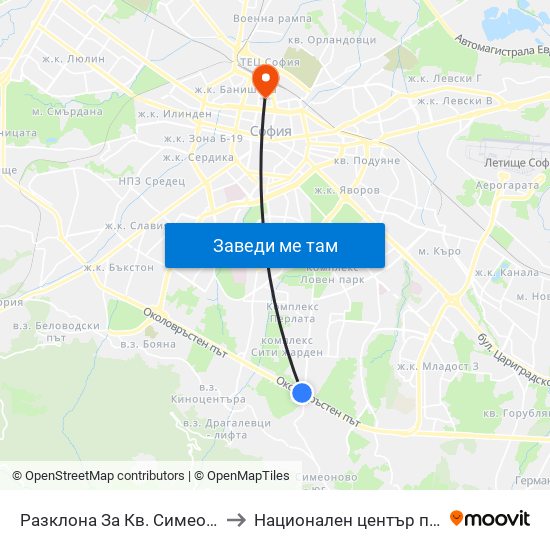 Разклона За Кв. Симеоново / Fork Road To Simeonovo Qr. (1458) to Национален център по трансфузионна хематология (НЦТХ) map