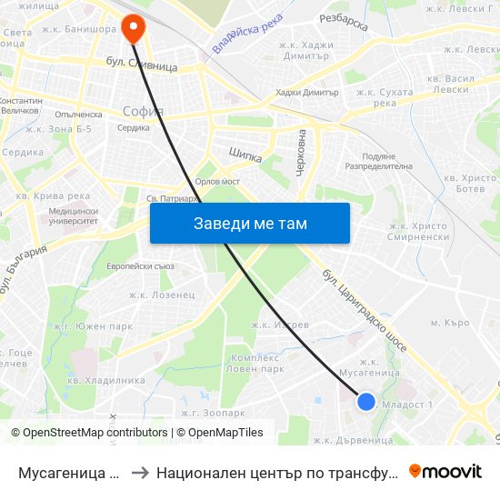 Мусагеница /  Musagenitsa to Национален център по трансфузионна хематология (НЦТХ) map