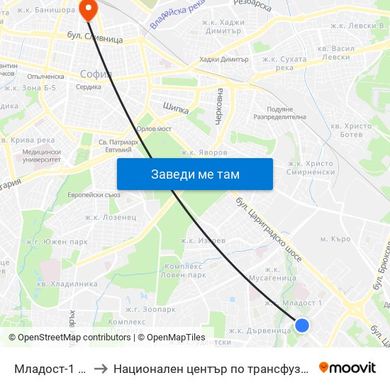 Младост-1 / Mladost 1 to Национален център по трансфузионна хематология (НЦТХ) map