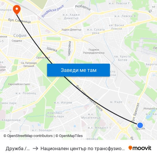 Дружба / Druzhba to Национален център по трансфузионна хематология (НЦТХ) map