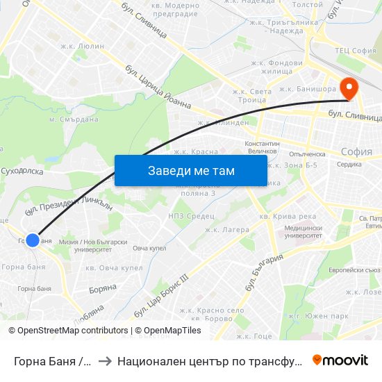 Горна Баня / Gorna Banya to Национален център по трансфузионна хематология (НЦТХ) map