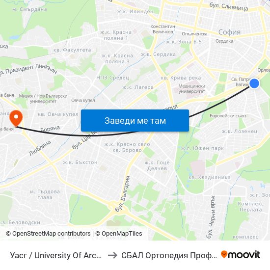 Уасг / University Of Architecture (0386) to СБАЛ Oртопедия  Проф. Бойчо Бойчев map
