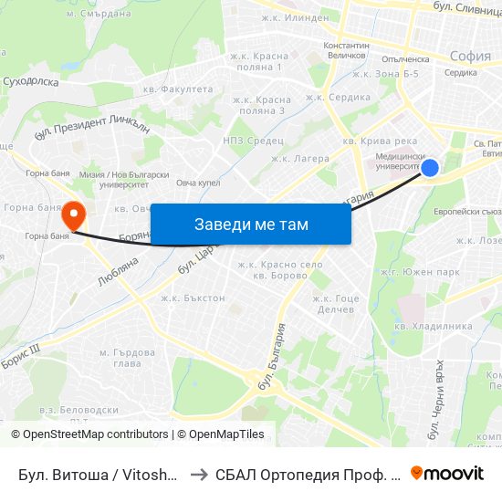 Бул. Витоша / Vitosha Blvd. (0302) to СБАЛ Oртопедия  Проф. Бойчо Бойчев map