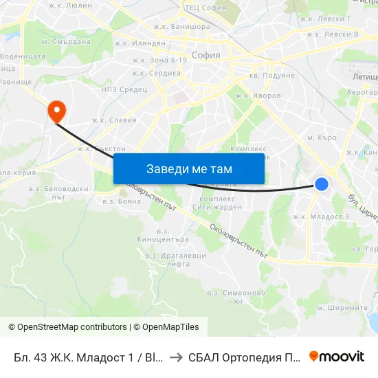 Бл. 43 Ж.К. Младост 1 / Bl. 43, Mladost 1 Qr. (0218) to СБАЛ Oртопедия  Проф. Бойчо Бойчев map