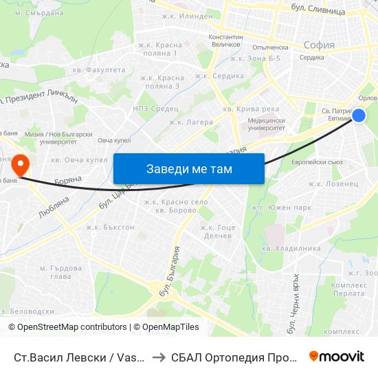 Ст.Васил Левски / Vasil Levski Stadium to СБАЛ Oртопедия  Проф. Бойчо Бойчев map