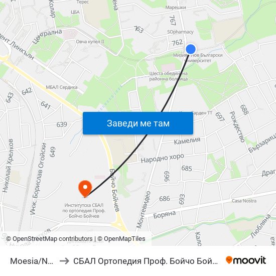 Moesia/Nbu to СБАЛ Oртопедия  Проф. Бойчо Бойчев map