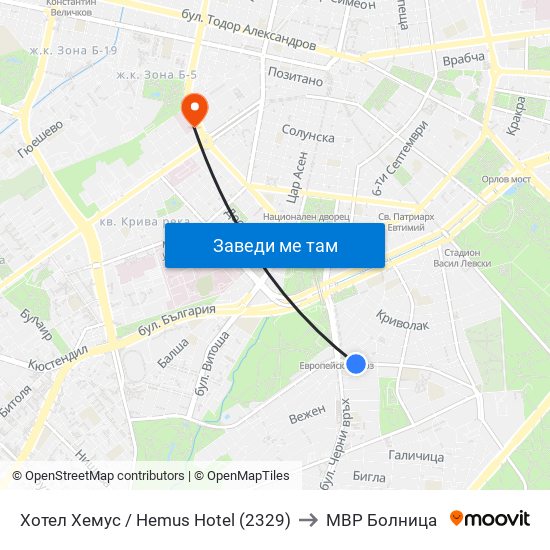 Хотел Хемус / Hemus Hotel (2329) to МВР Болница map