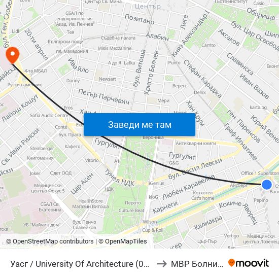 Уасг / University Of Architecture (0387) to МВР Болница map