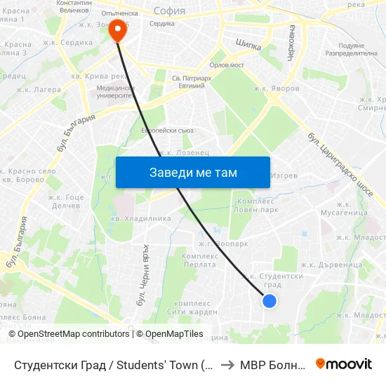 Студентски Град / Students' Town (1693) to МВР Болница map