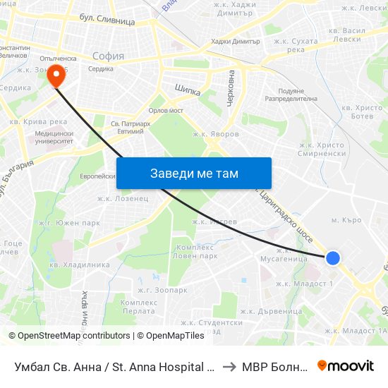 Умбал Св. Анна / St. Anna Hospital (1196) to МВР Болница map