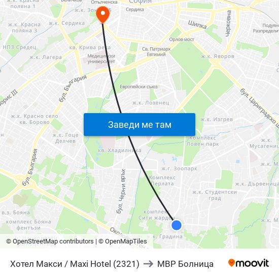 Хотел Макси / Maxi Hotel (2321) to МВР Болница map