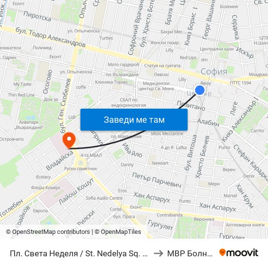 Пл. Света Неделя / St. Nedelya Sq. (1308) to МВР Болница map