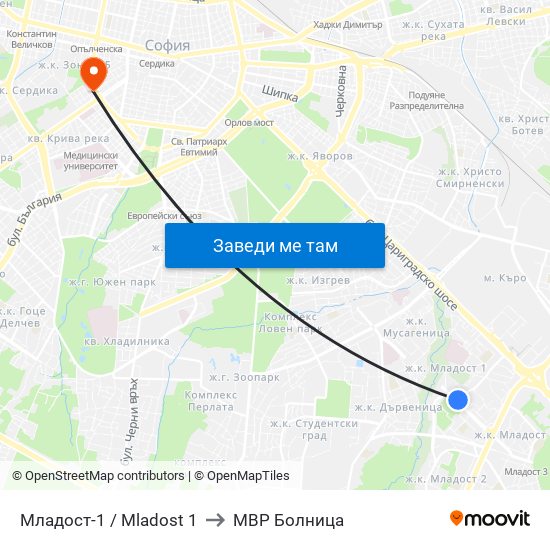 Младост-1 / Mladost 1 to МВР Болница map