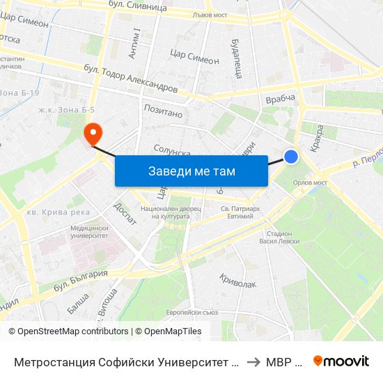 Метростанция Софийски Университет / Sofia University Metro Station (2827) to МВР Болница map