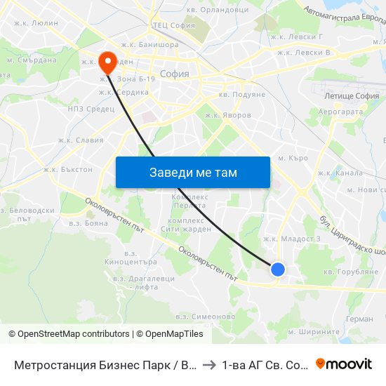 Метростанция Бизнес Парк / Business Park Metro Station (2490) to 1-ва АГ  Св. София  (Т. Киркова) map