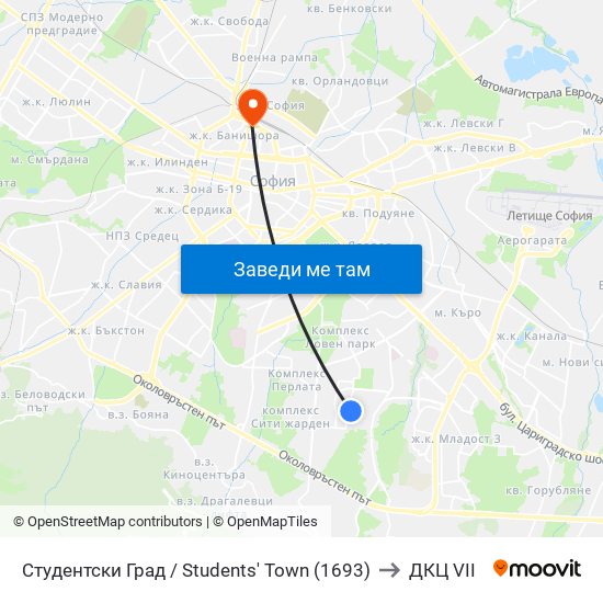 Студентски Град / Students' Town (1693) to ДКЦ VII map