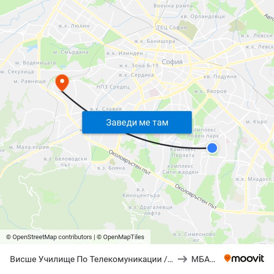 Висше Училище По Телекомуникации / University Of Telecommunications And Post (1397) to МБАЛ Доверие map