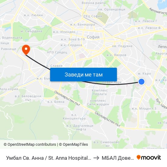 Умбал Св. Анна / St. Anna Hospital (1196) to МБАЛ Доверие map