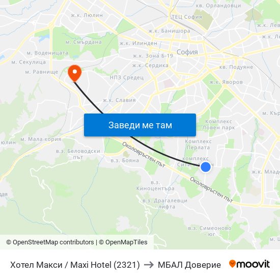 Хотел Макси / Maxi Hotel (2321) to МБАЛ Доверие map