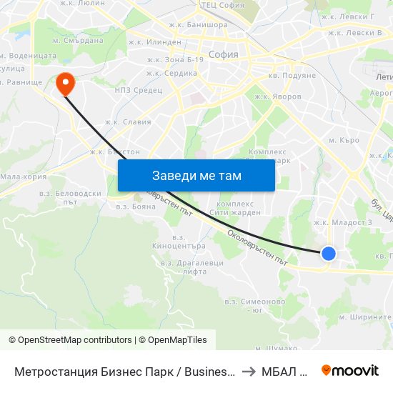 Метростанция Бизнес Парк / Business Park Metro Station (2490) to МБАЛ Доверие map