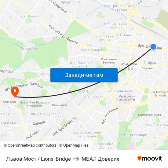 Лъвов Мост / Lions' Bridge to МБАЛ Доверие map
